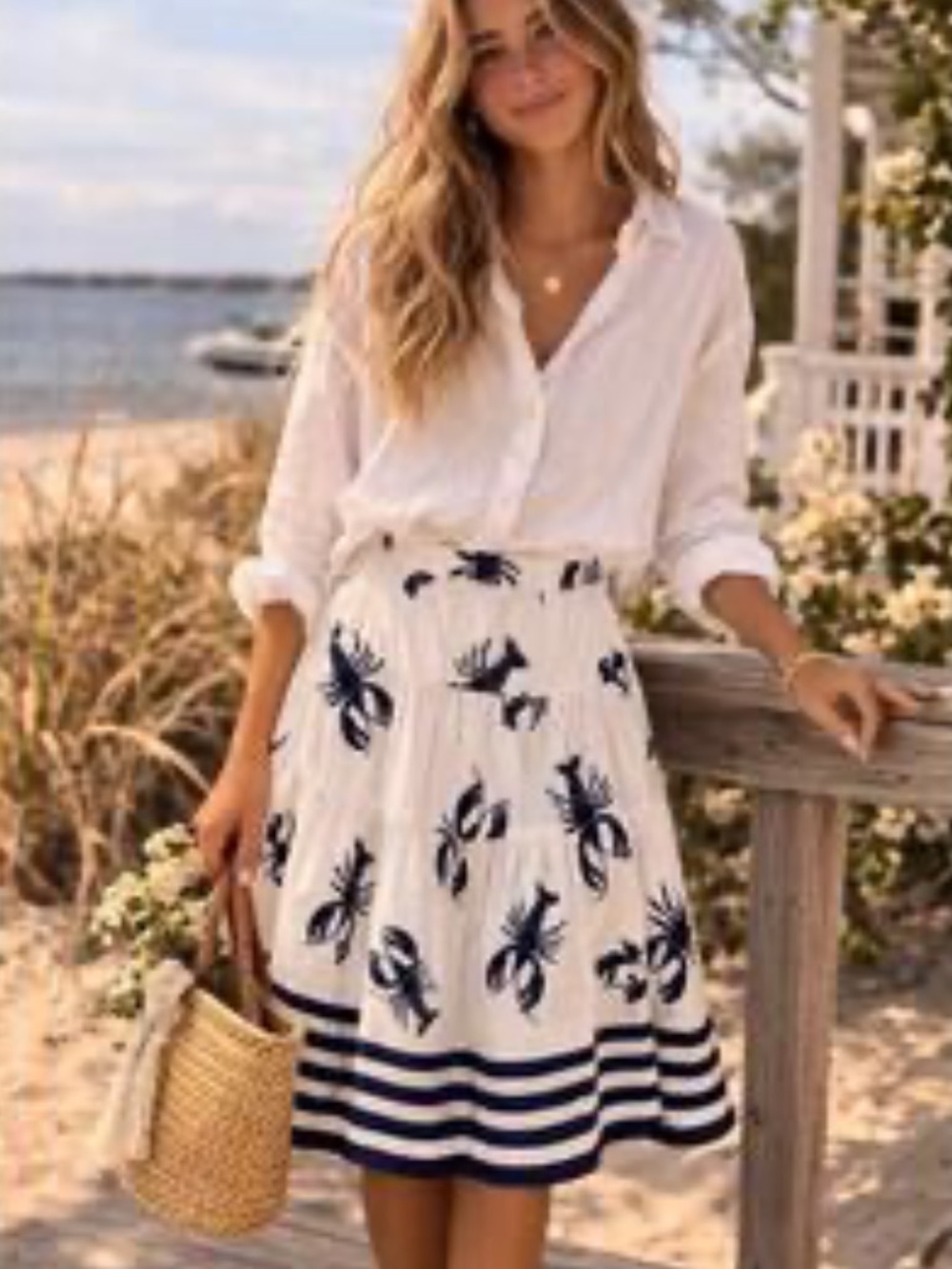 J. Crew Lobster Print White Midi Skirt
